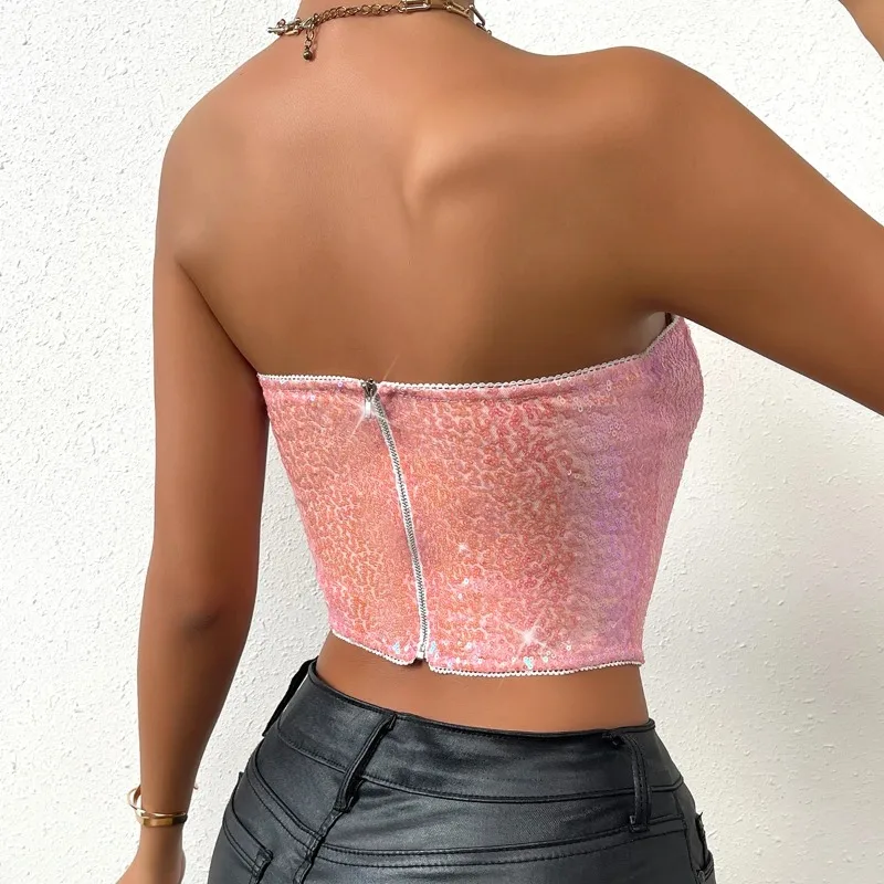 Women Sequin Tube Top Sexy Club Crop Top Backless Zipper Tank Top Y2K Camis Off Shoulder Streetwear Top Spring Summer