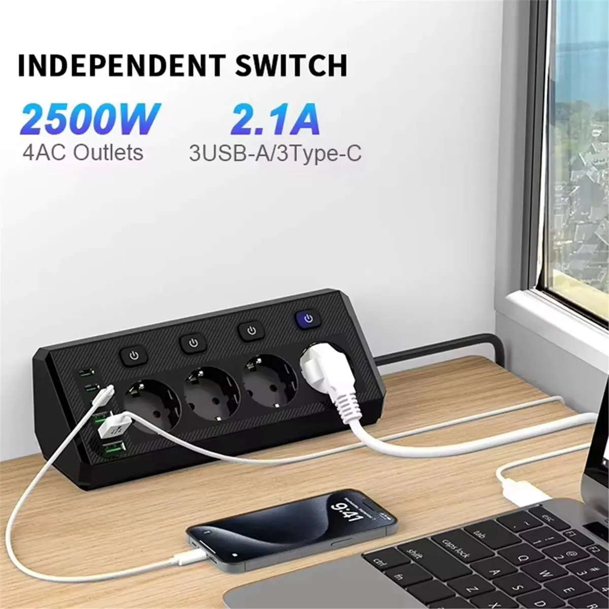 HOUSEHOLD*GOOD Desktop Corner Power Strip Outlet with Switch 4 USB Ports for Home Desk EU PLUG B