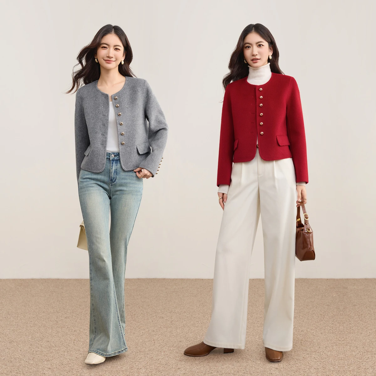 SENTUBILA Wool Coat for Woman Solid Winter 2025 O-neck Long-sleeve Coats Metal Mushroom Button Women's Clothing W54OG3691X