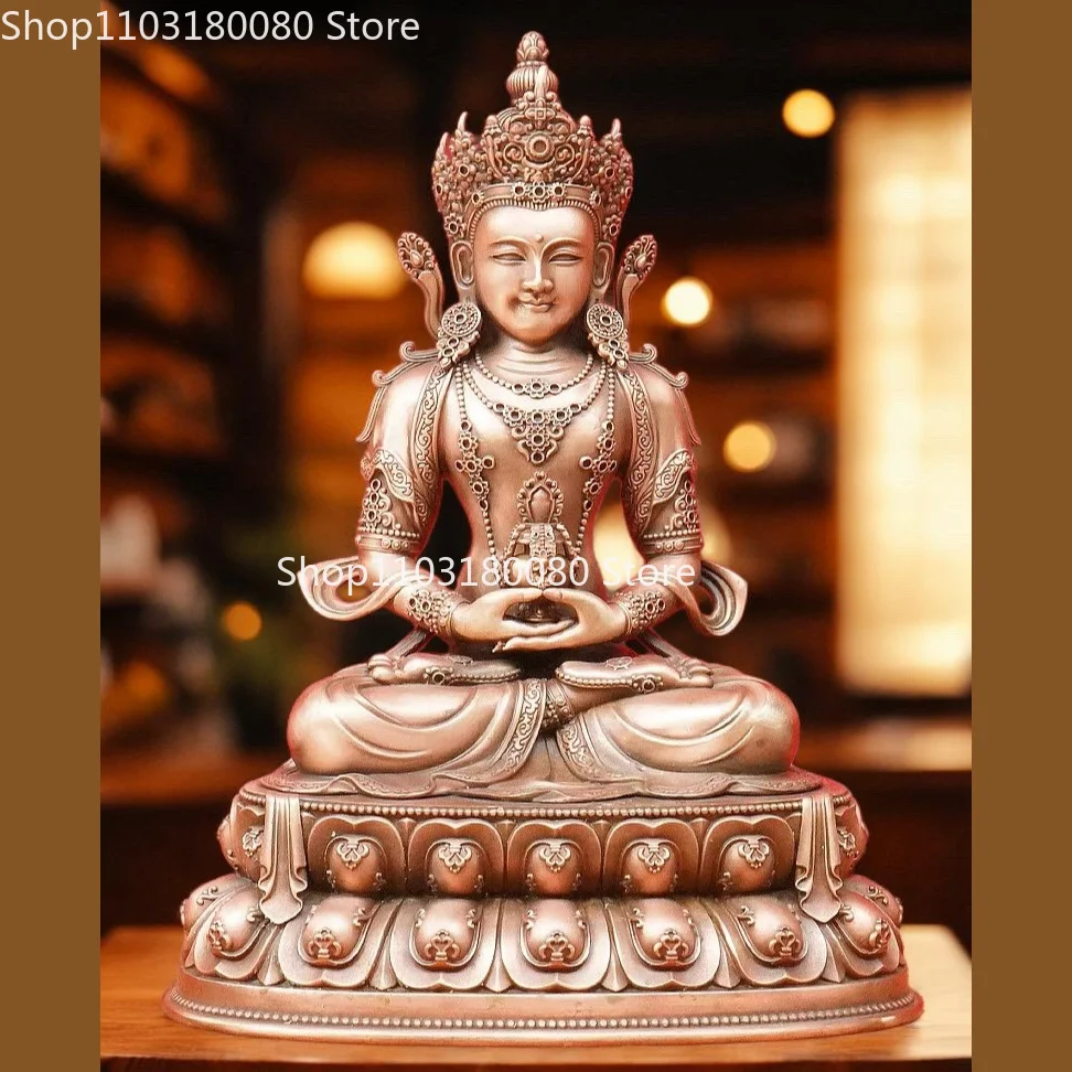 Hand-Carved Red Copper Amitayus Buddha Statue Tibetan Longevity Buddha Holding Longevity Vase Altar sculpture,23cm,15cm,10cm