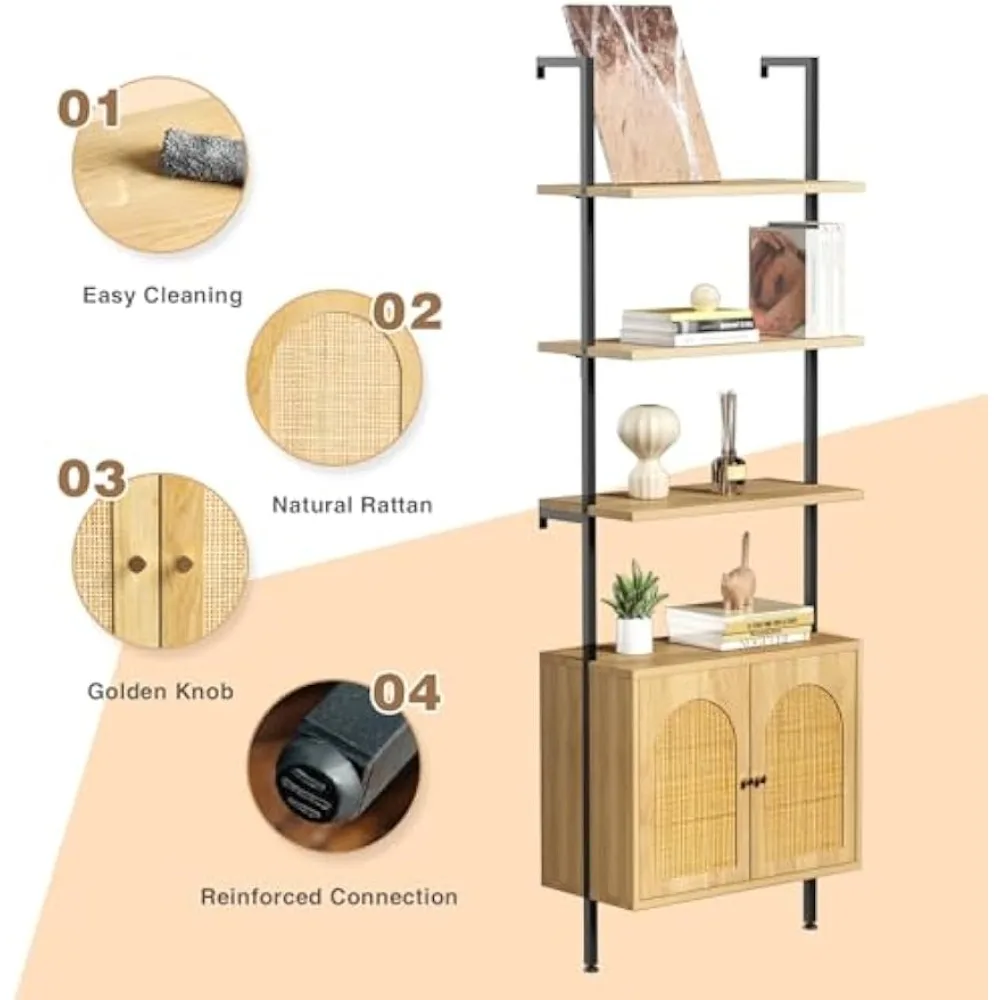 مجموعة من رفين كتب طويلين مع مساحة تخزين، ورف كتب سلم من 6 طبقات مع خزانة من الروطان، وخزانة كتب مثبتة على الحائط مع أبواب وإطار معدني #5