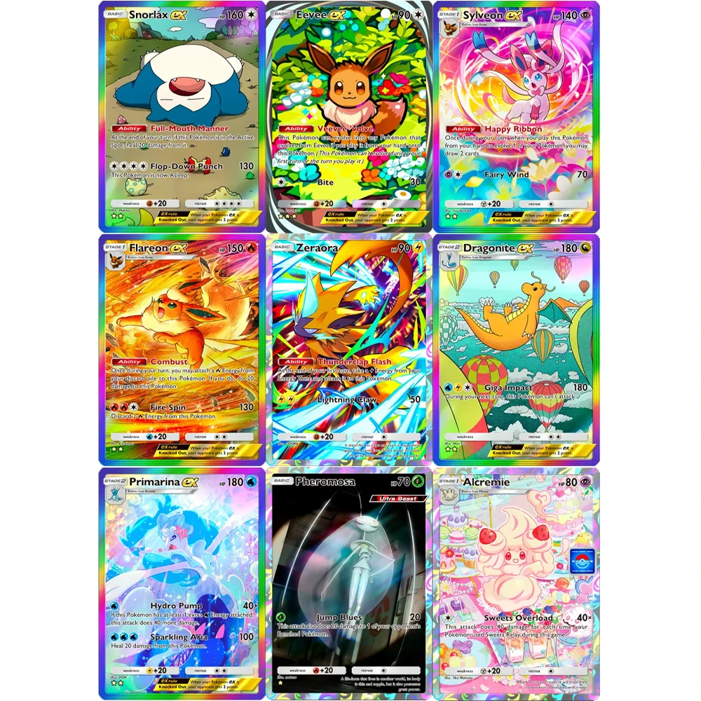 

Карманные карты Diy Pokemon, 9 шт./компл., самодельная карта Eevee Dragonite Primarina Snorlax Sylveon Ex TCG, игровая коллекционная карта