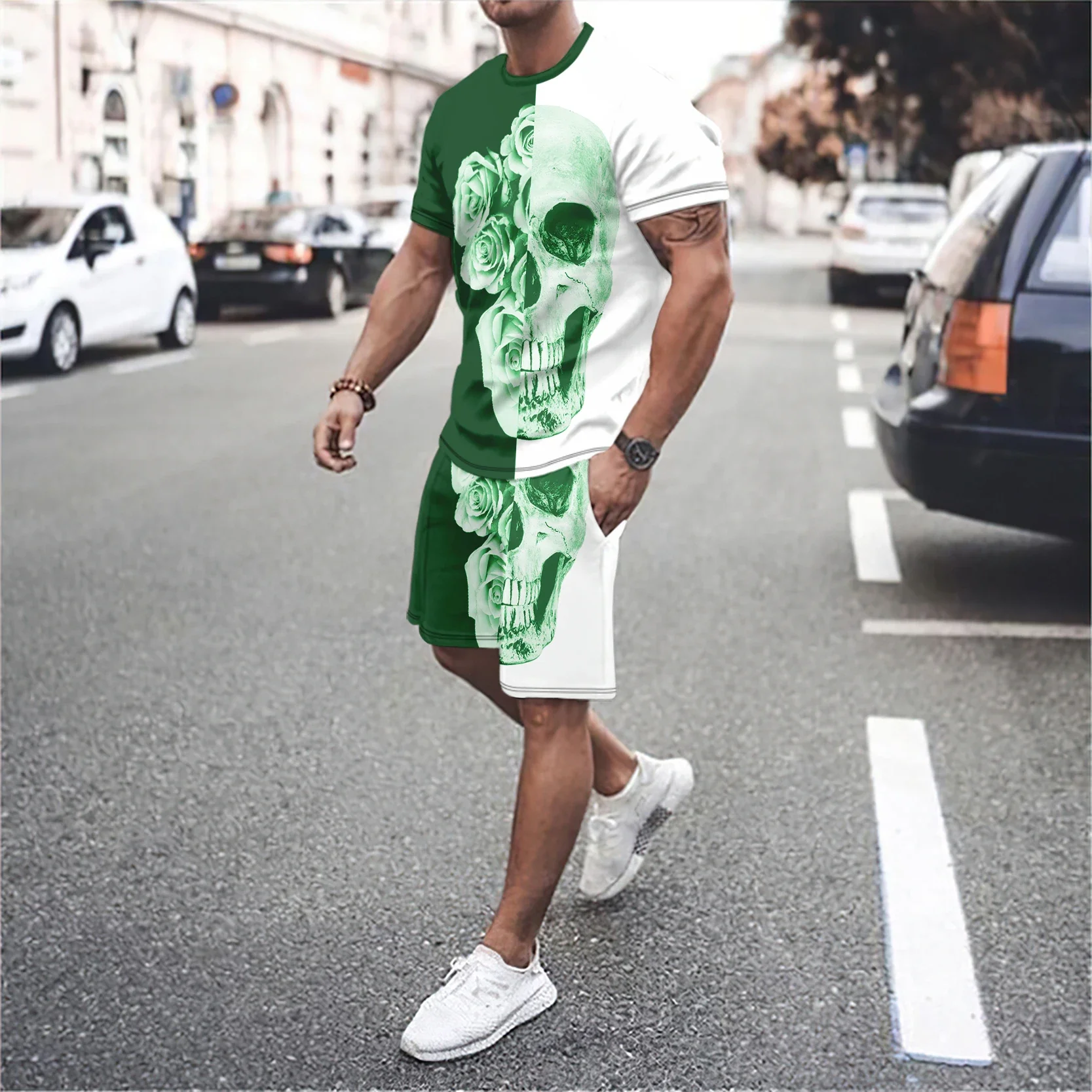 3D Skull Flower Print Patchwork Casual Short Sleeve Set Street Baseball Jersey Summer Short Sleeve T-Shirt and Shorts Set