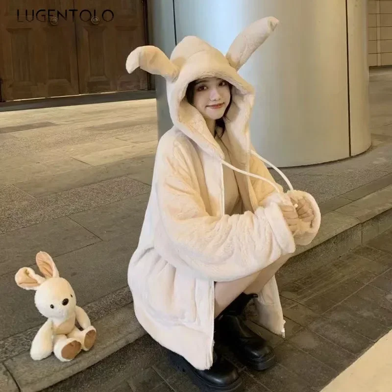 Women New Sweatshirts Autumn Winter Japanese Cute Rabbit Ear Plush Hooded Loose Zipper Casual Coat Clothing Lugentolo