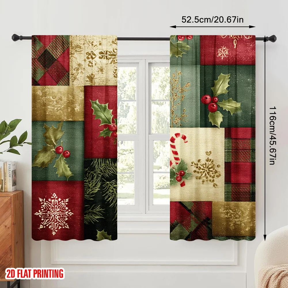 2pcs,2D plane printing Contemporary Curtains Christmas red and green check holly pine cones Polyester Easy Install (without rod)
