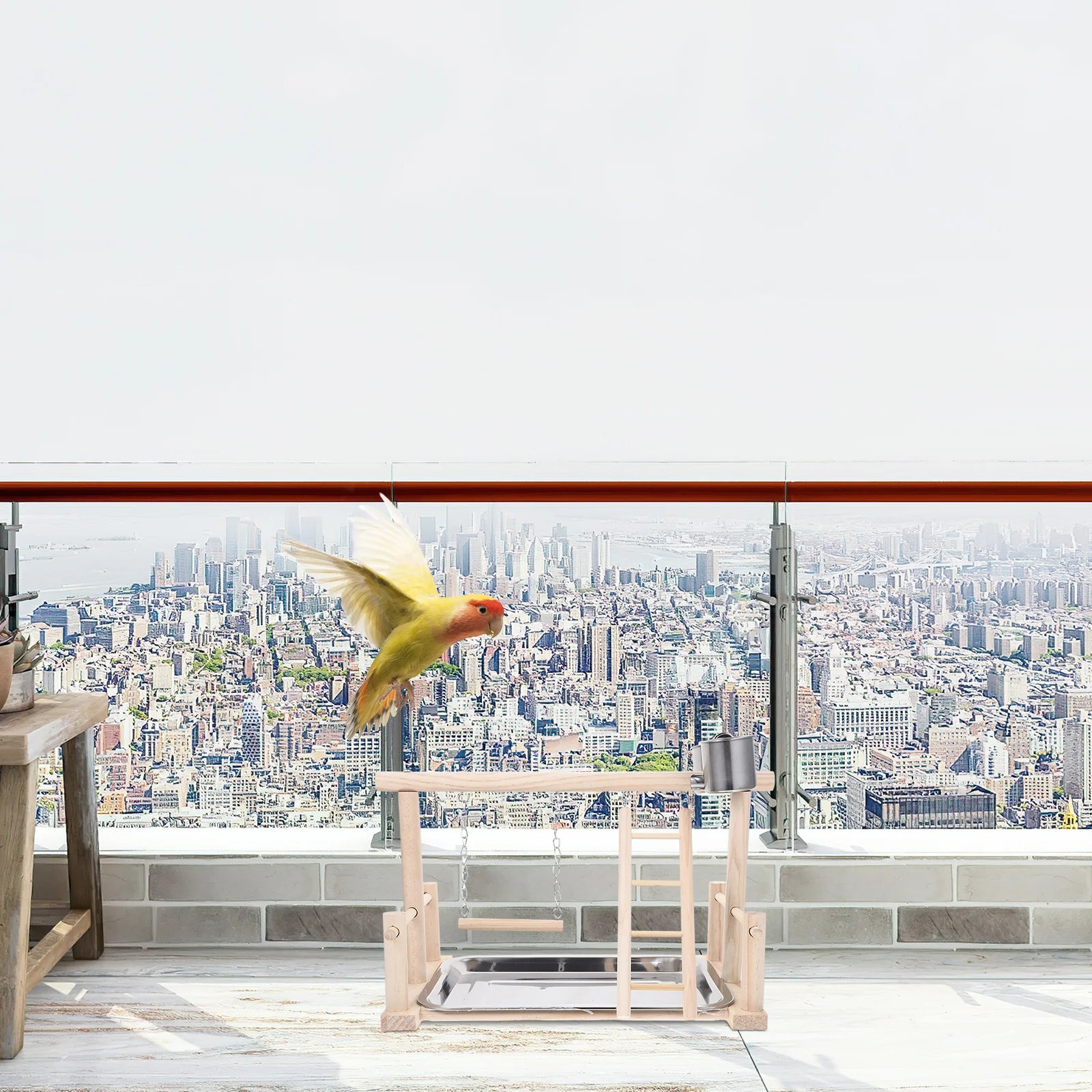 

1Set Parrot Standing Rack Bright Colorful Climbing Ladder Chewing Nail Polishing Hanging Swing Bird Training Rack Feeder Cups