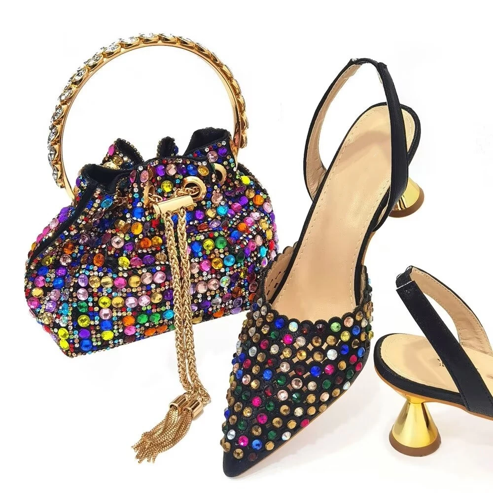 

Rainbow Women Shoes And Bag Set To Match African Ladies Stones PumpsWith Handbag High Heels Sandals Clutch Escarpins Femme CR953