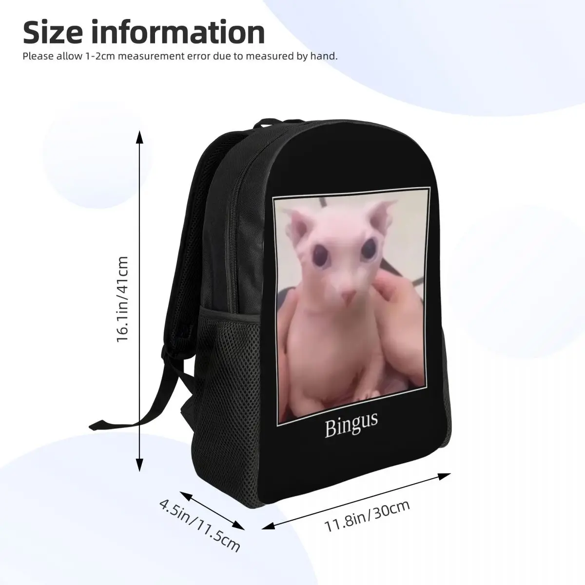 Mochila de texto personalizada Bingus para mulheres e homens, mochila casual para escola, faculdade, sphynx, gato Meme sacos