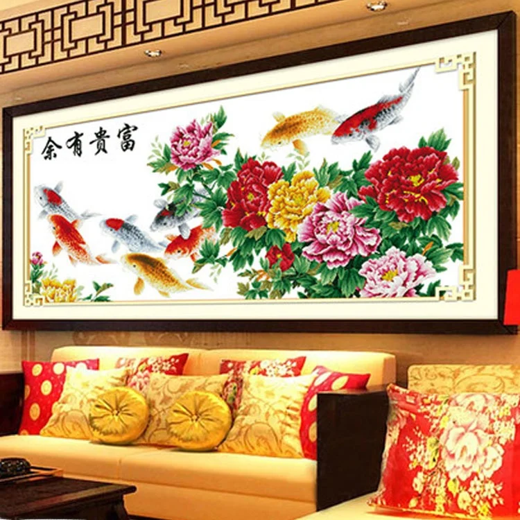 modern-simple-style-cross-stitch-kit-cotton-thread-living-room-nine-fish-pattern-precision-floral-design-white-color-home-fabric
