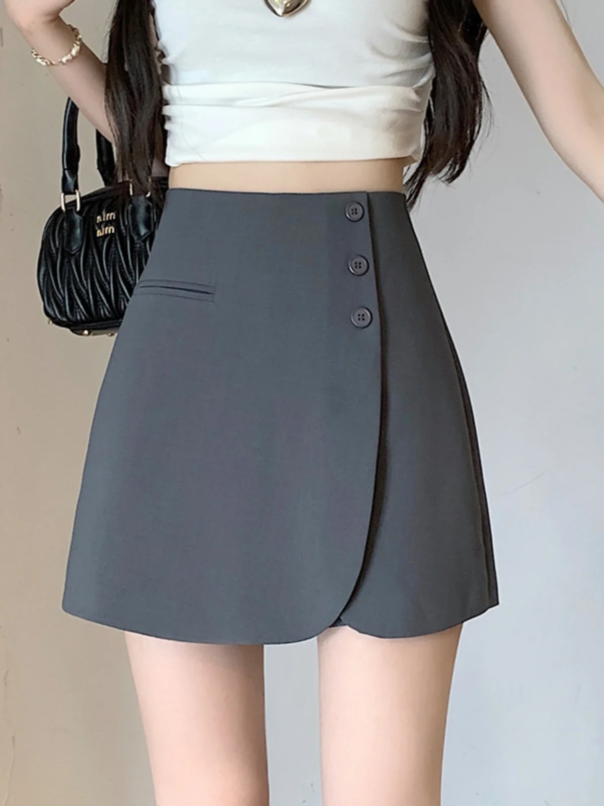 Gray A-Line Wide Leg Pants Skirt Suit Short Pants Skirt for Women College Style Summer New Small Size Hot Items High Waist