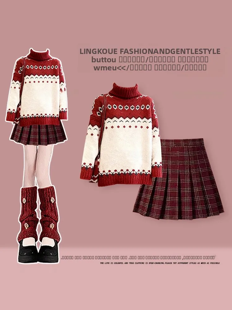 

Cisas Red Knitted Sweater And Plaid Skirt Set Women's Anti-Aging College Sle Autumn Winter Faion Two-Piece Suit