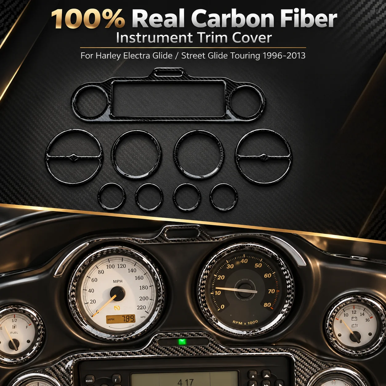 100% Real Carbon Fiber IMotorcycle Instrument Trim Cover for Harley Electra Glide Street Glide Touring 1996-2013