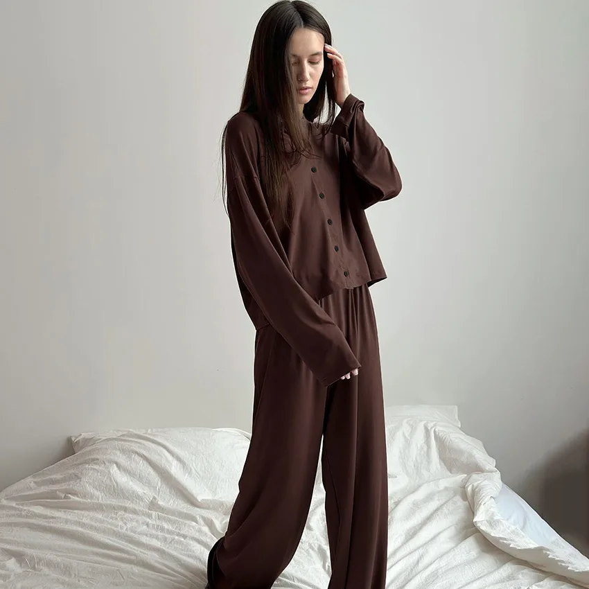 Women's Pajamas Sets 2024 Simple New Thin Knitted Long-sleeved Long Pants Casual Outwear Loungewear Clothes Women