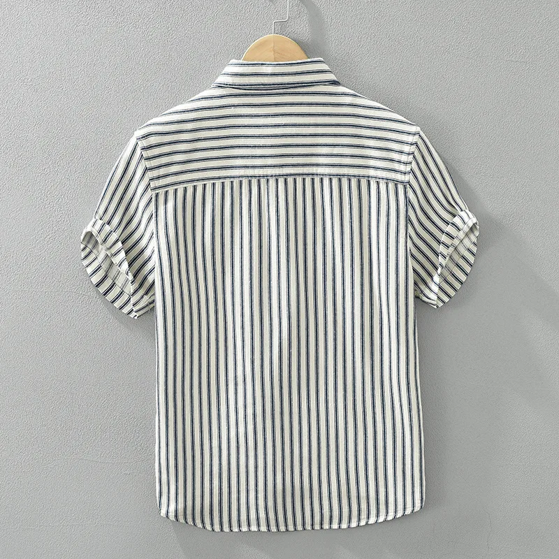 2024 Spring Summer New Pure Cotton Simple Casual Short Sleeve Shirts Men Clothing Striped Thin Comfortable Streetwear CM8023