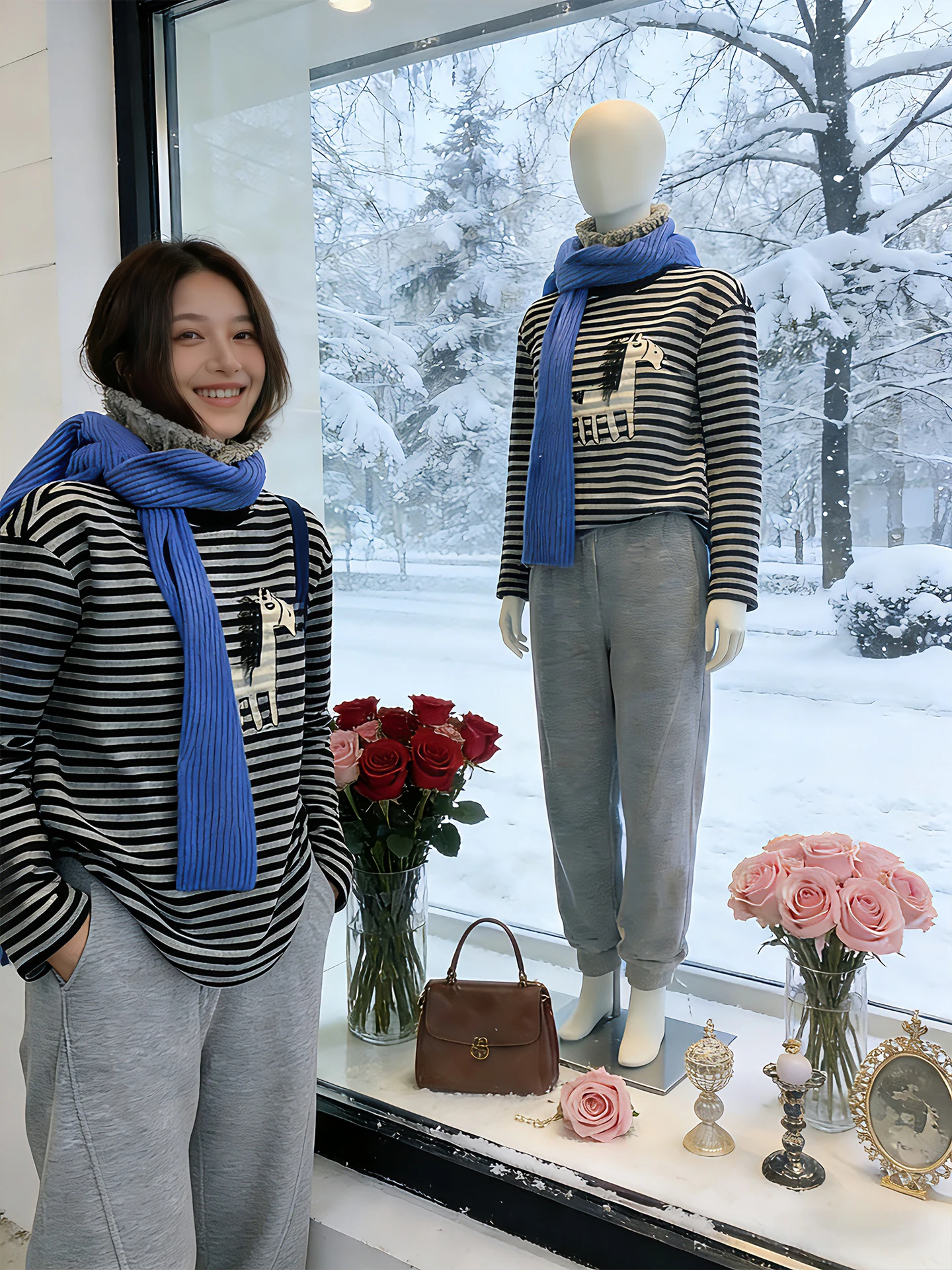 

Retro Cartoon Stripe Long Sve T-irt Women's Spring Autumn Loose round Ne Top Design Sense Age Reduction