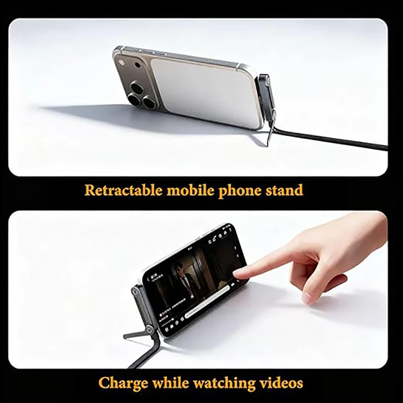 65W USB-C Fast-Charging Cable with Integrated Foldable Smartphone Stand: Dual-Function Data and Power Transmission Cable