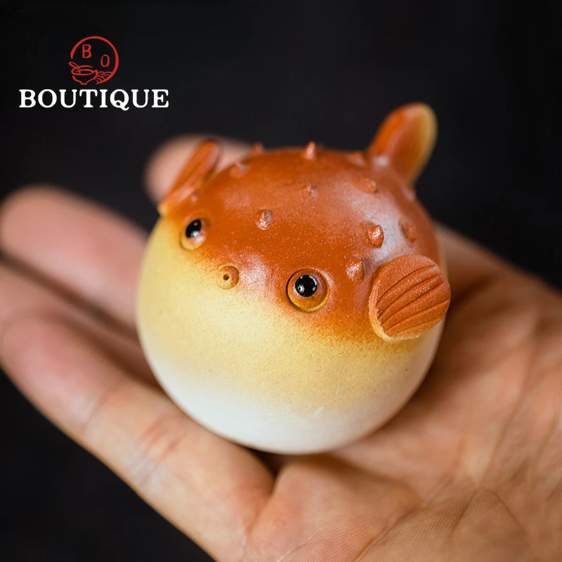 Yixing Purple Clay Tea Pet Handmade Pufferfish Art Statue Ornaments Animal Tea Figurine Sculpture Crafts Chinese Tea Set Decors