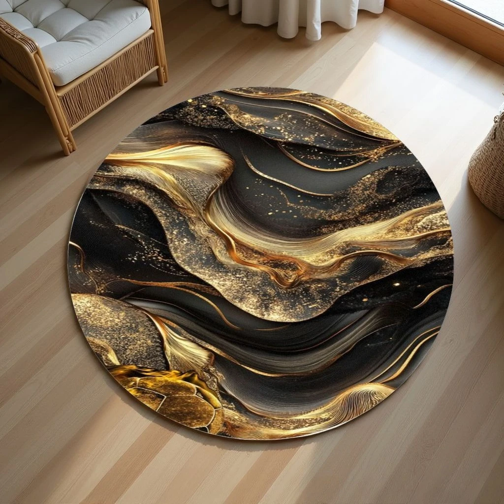 Luxury Gold Black Marbling Fluid Painting Circular Area Rug  Abstract Glitter Foil Wave Round Mat Contemporary Indoor Floor Rug
