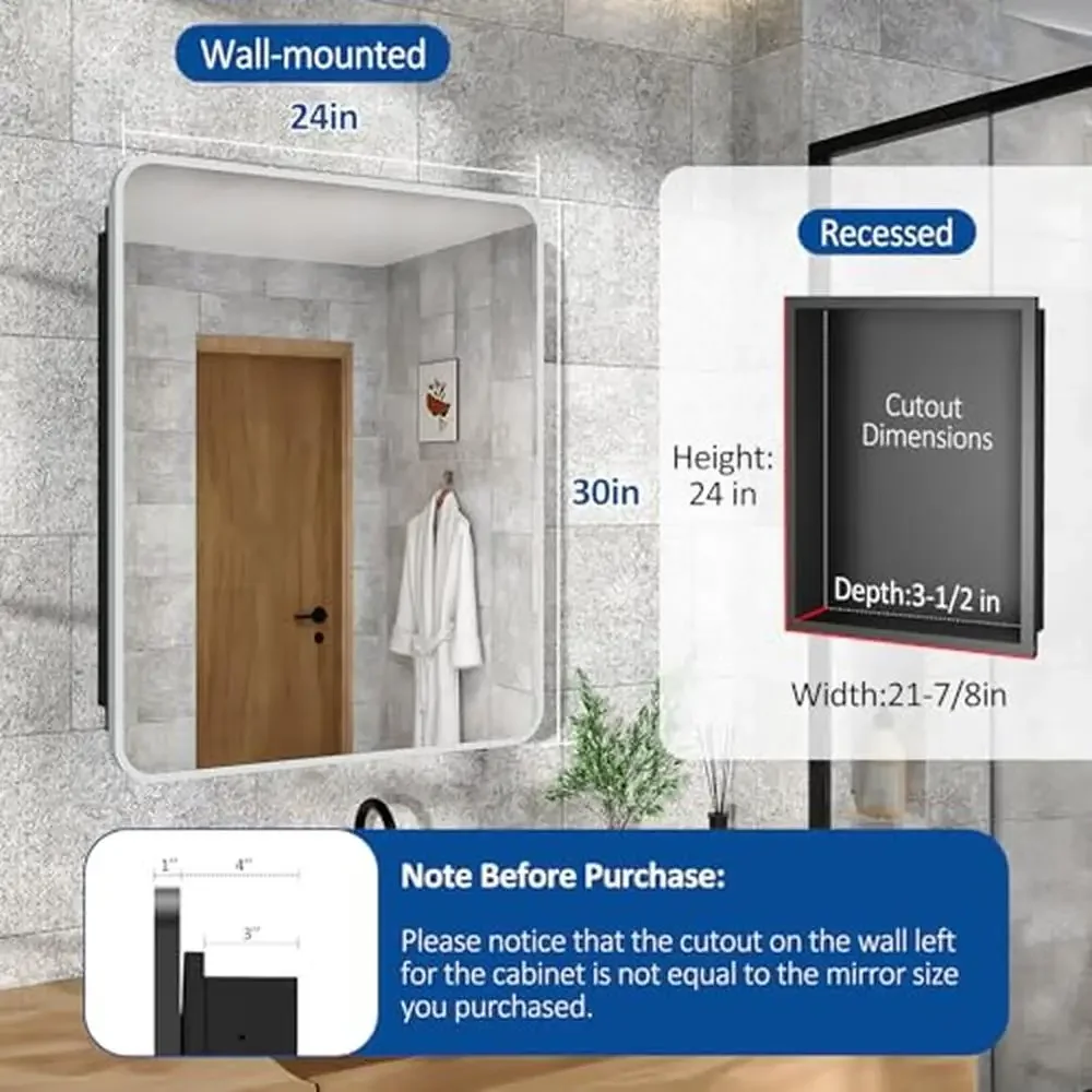 Bathroom Medicine Cabinet Recessed Wall Mounted Metal Framed Mirror Adjustable Shelves Soft Closing Hinge 24x30 Inch Brushed