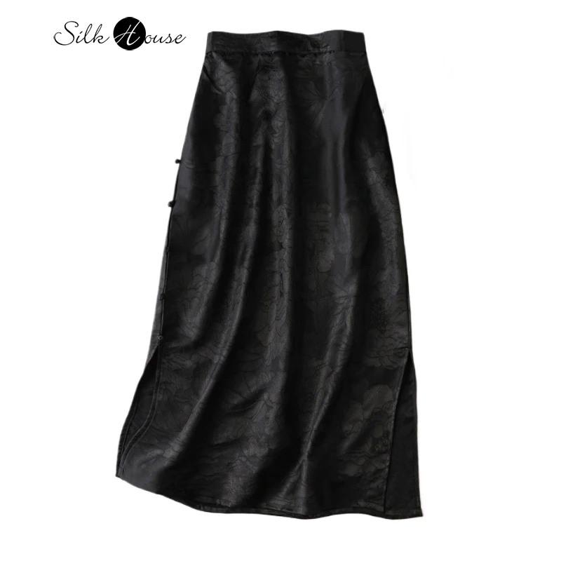

45MM 100% Natural Mulberry Silk Jacquard Gambiered Guangdong Gauze Women's Fashionable Black Buckle Wrapped Hip Bucket Skirt