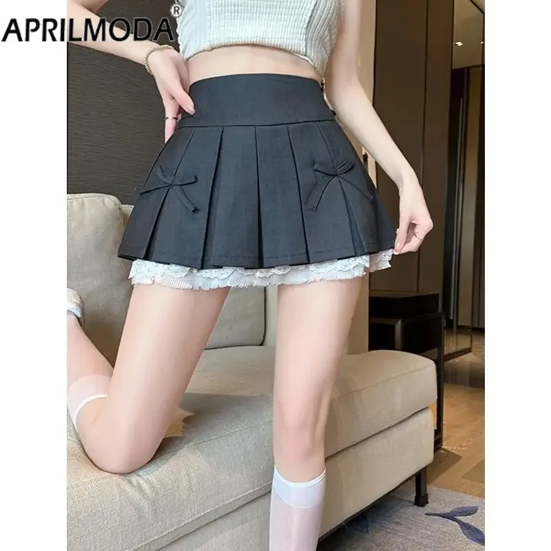 

Solid High Waist Fashion Student Cute A-line Skirts Patchwork Lace Summer Kawaii Girls Dancing JK Mini Pleated Women's Skirt Bow