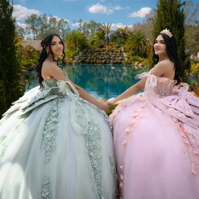 Блестящее розовое платье Quinceanera по индивидуальному заказу с открытыми плечами, кружевное платье с блестками и аппликацией, 3D цветок, кристалл, бант, платья de 15, Quinceanera