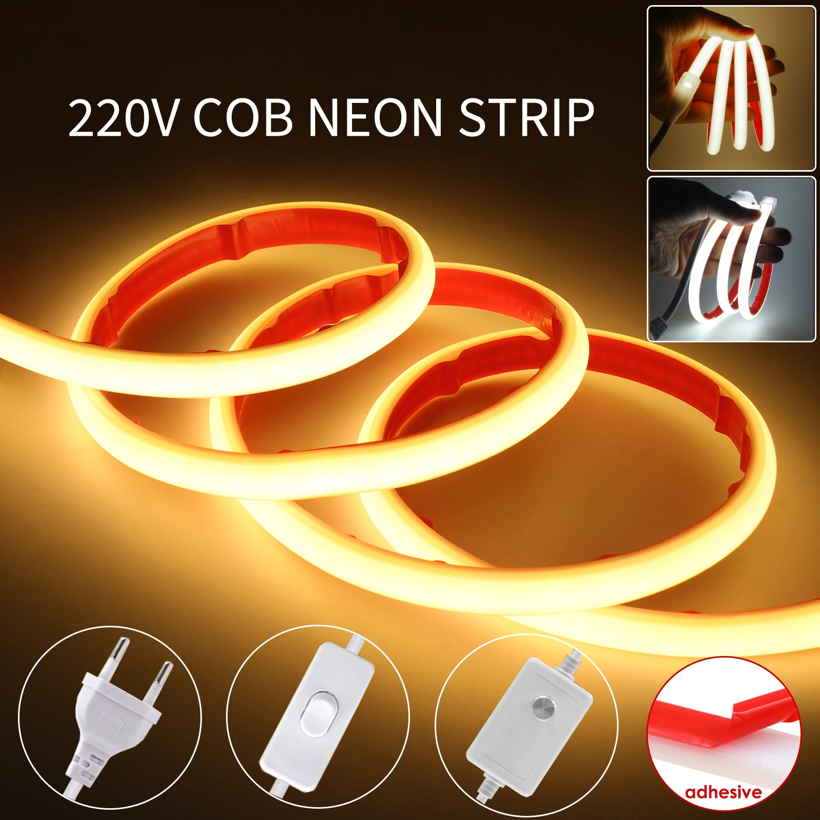 COB LED Neon Strip Light 220V 288Leds/M Waterproof IP65 Adhesive Lamp Tape With Switch/Dimmer EU Plug for Room Garden Lighting