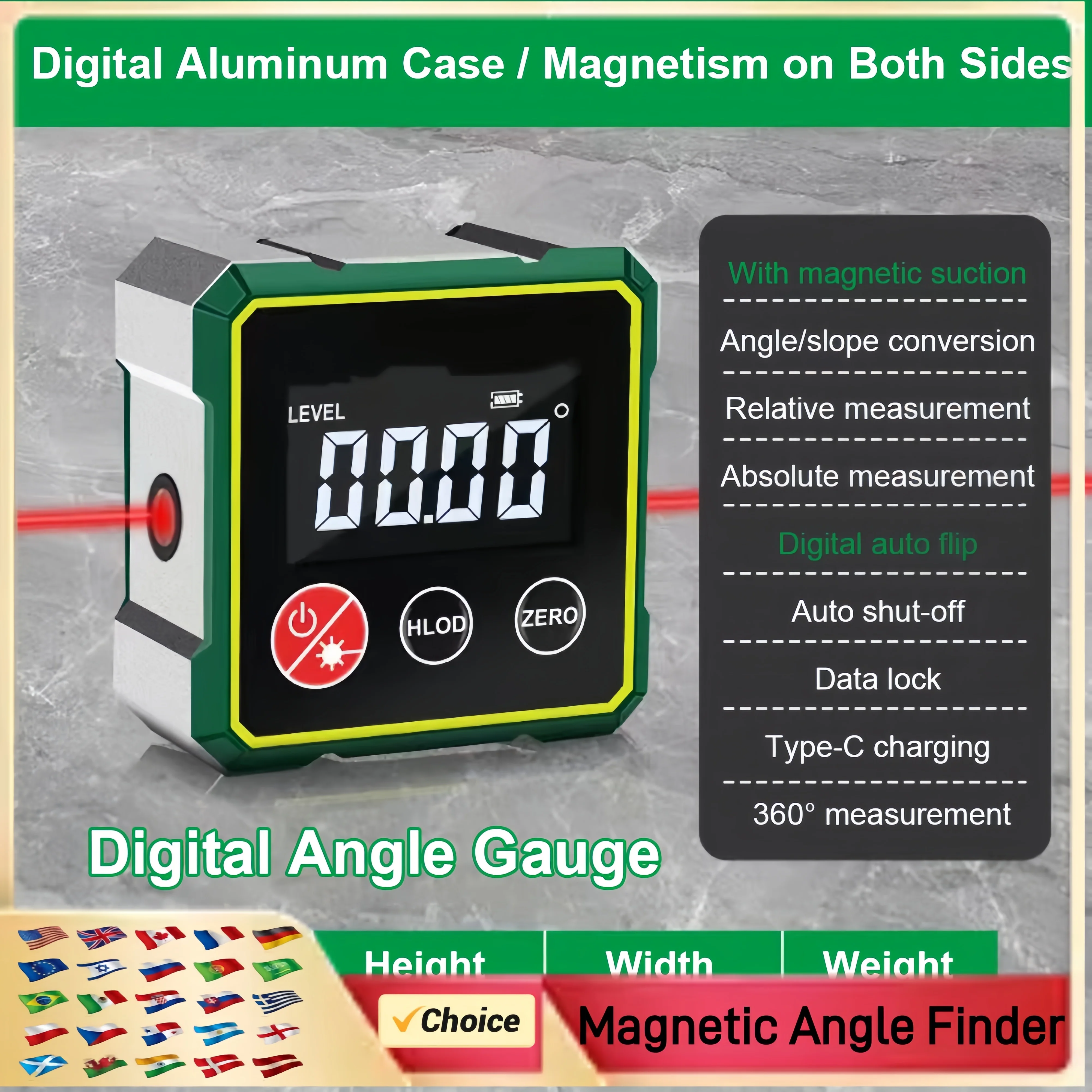 Buscador de ángulo Digital magnético con retroiluminación LCD, medidor láser electrónico, transportador de nivel, imanes, regla de nivel, pendiente de ángulo 0-90 °