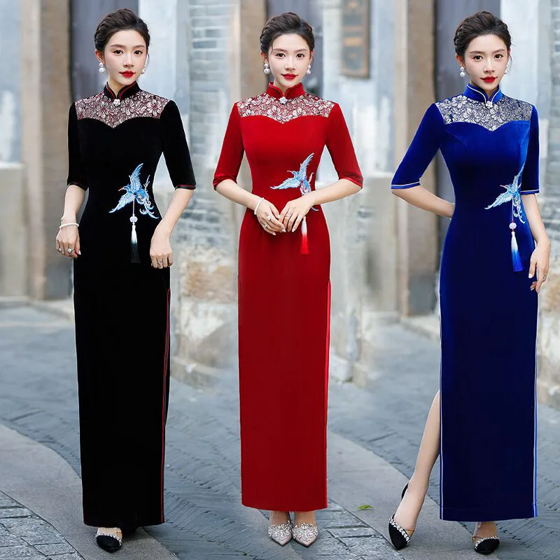 

Female Sexy Slim Fit Long Qipao Plus Size 5XL 6XL 7XL Chinese Dress Traditional Mandarin Collar Cheongsam Wedding Party Gown