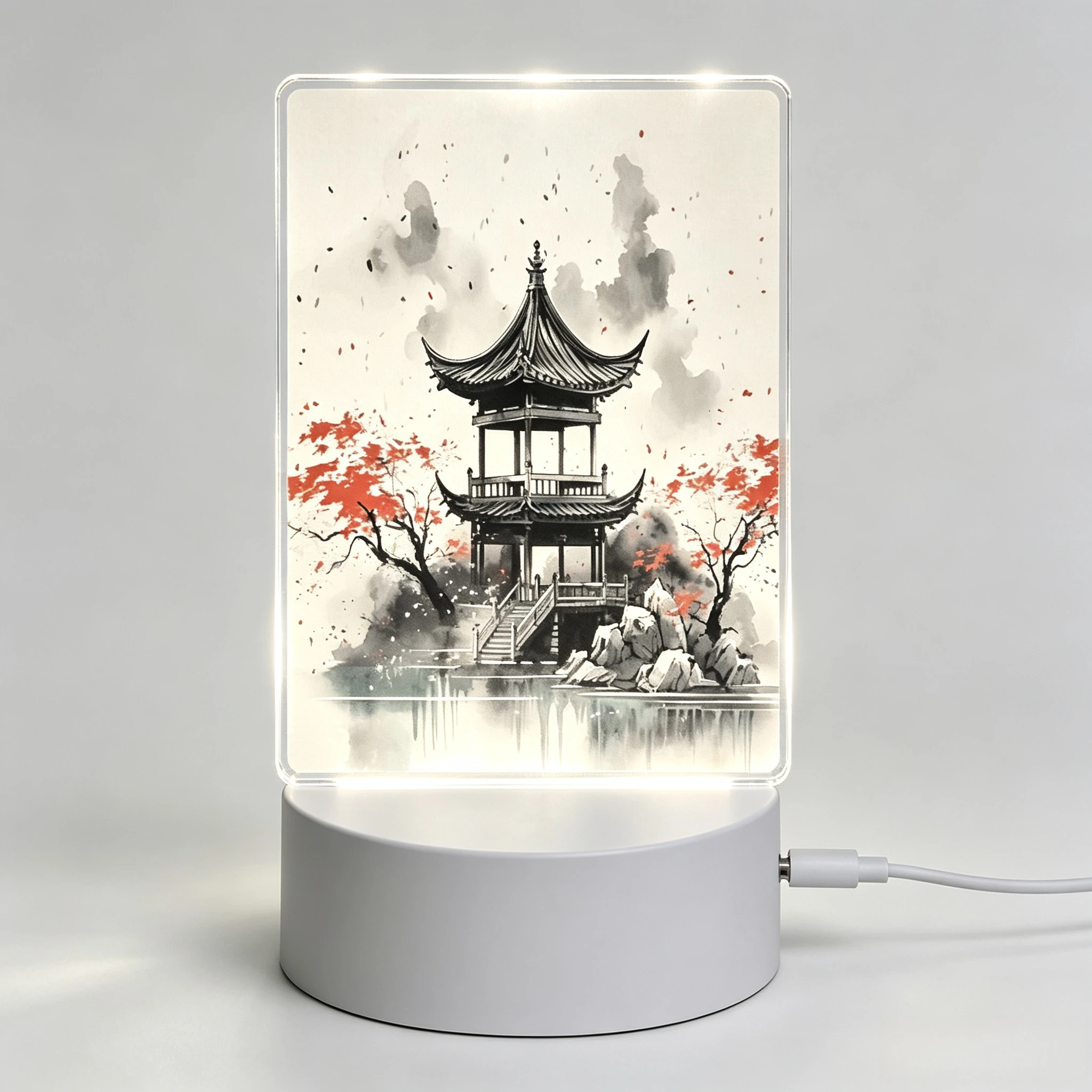 Vintage Chinese Landscape Water‑Side Pavilion Acrylic LED Night Light, Cultural Bedside Shelf Decoration