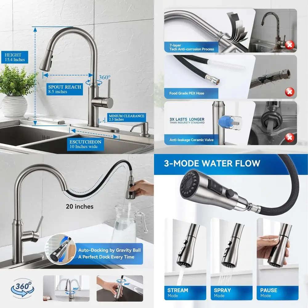Grifo rociador extraíble de níquel cepillado moderno para cocina, arco alto de un solo mango, acero inoxidable, adecuado para RV, lavandería, O