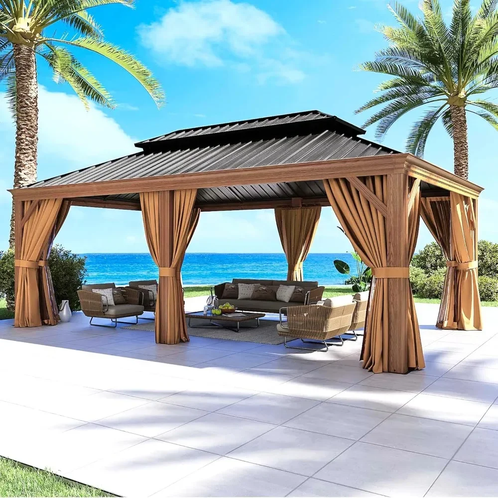 Gazebo Wooden Finish Coated Aluminum Frame Canopy, Galvanized Steel Double Top, Privacy Curtains, Netting, Outdoor Awnings