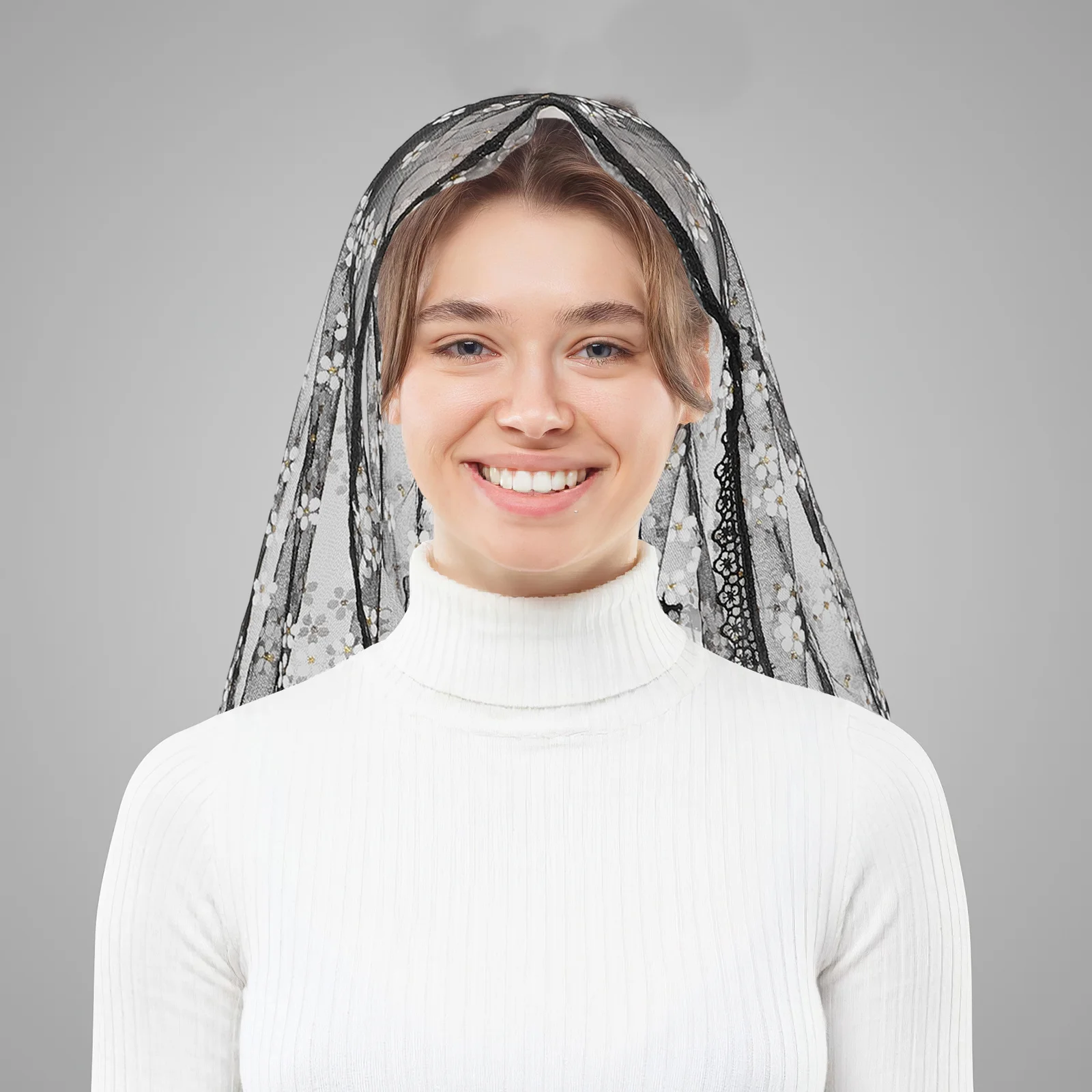 

Catholic Floral Lace Triangular Scarf Breathable Mesh Tassels Headscarf for Women Weddings Special Occasions Fashionable Veil