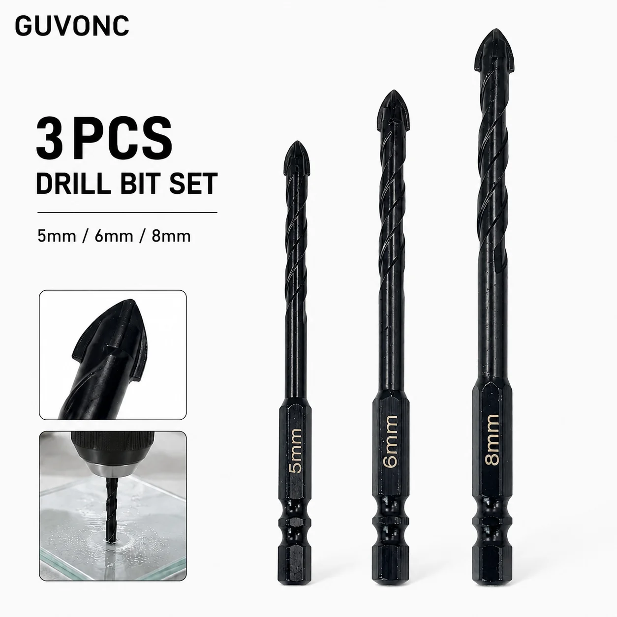 3Pcs Hex Shank Glass Tile Drill Bit Set 5/6/8mm Spear‑Point Tip for Ceramic Marble Mirror Masonry Drilling Tool