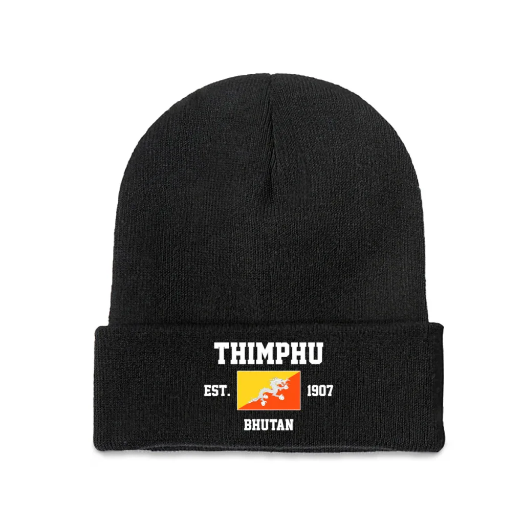 Bhutan EST.1907 Thimphu Capital Men Women Unisex Knitted Hat Winter Autumn Print Beanie Cap Warm Bonnet