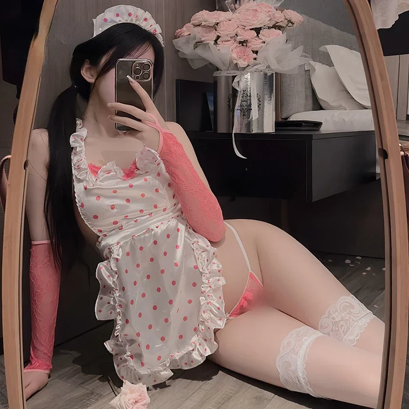 Cute Lace Polka Dot Maid Uniform Cosplay Costume Suspenders Silky Sweet Japanese Nanny Nightdress Role Play Underwear Lingerie