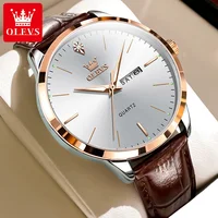 OLEVS, relojes originales de marca de negocios a la moda para hombre, correa de cuero, calendario semanal de tendencia, reloj de cuarzo luminoso resistente al agua con esfera de 43mm