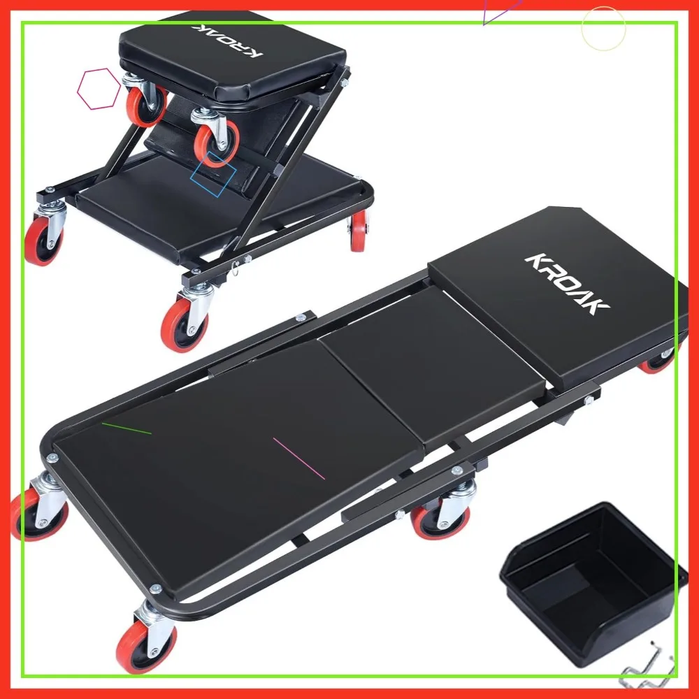 

36" 2-in-1 Rolling Garage Creeper Seat, 330 lbs Capacity, Adjustable Folding Chair for Auto Repair