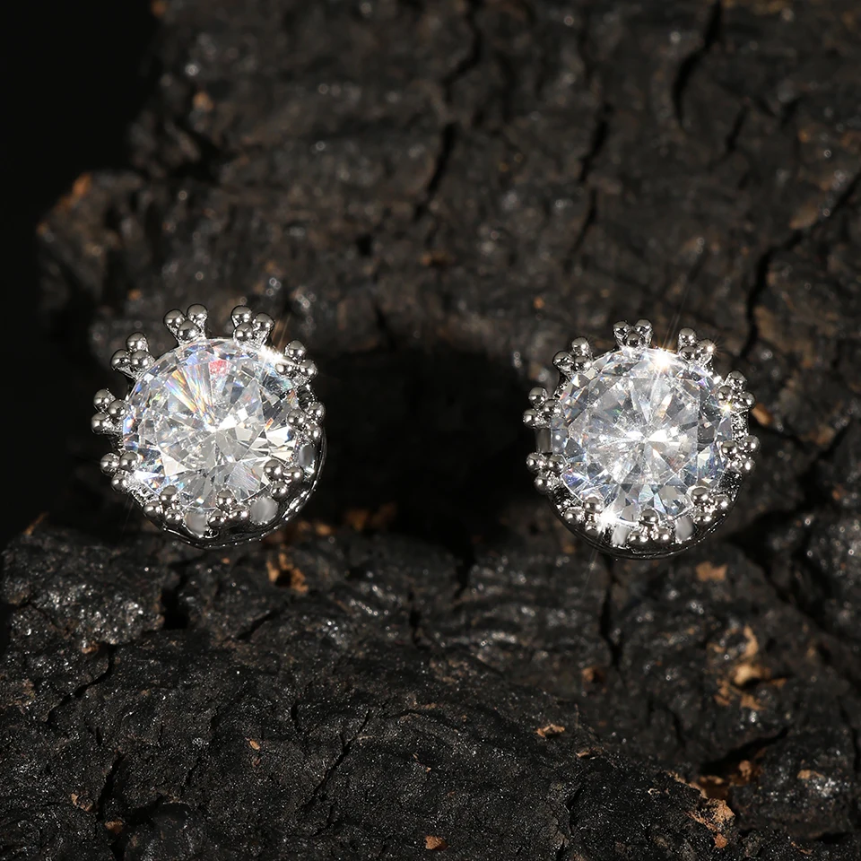 ZAKOL Fashion Crown Women Classic Shining Round Cz Zircon Small Stud Earrings Gold Color Ears for Men Crystal Party Jewelry