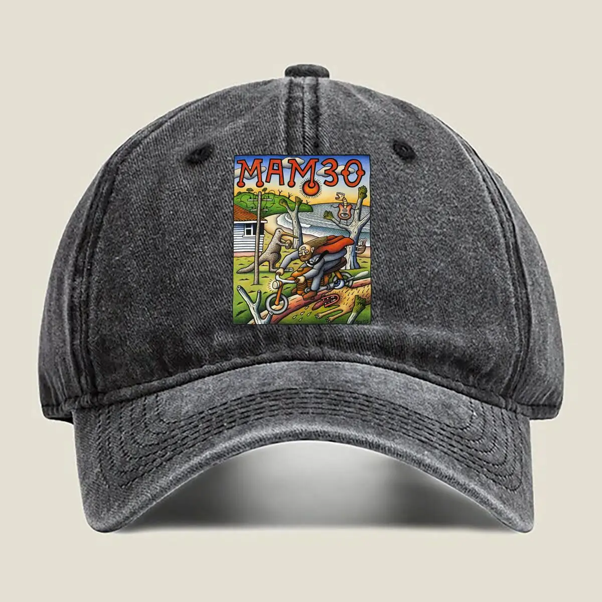 

Quirky MAM30 Album Cover with Bizarre Scenes Washed Baseball Cap