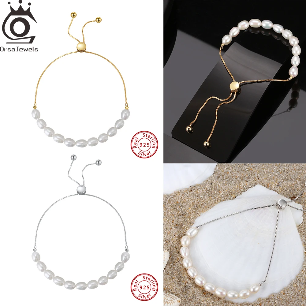 

ORSA JEWELS S925 Silver Baroque Pearls Slide Bracelets Adjustable Chains Bracelet with Natural Pearls Beads for Women GPB13