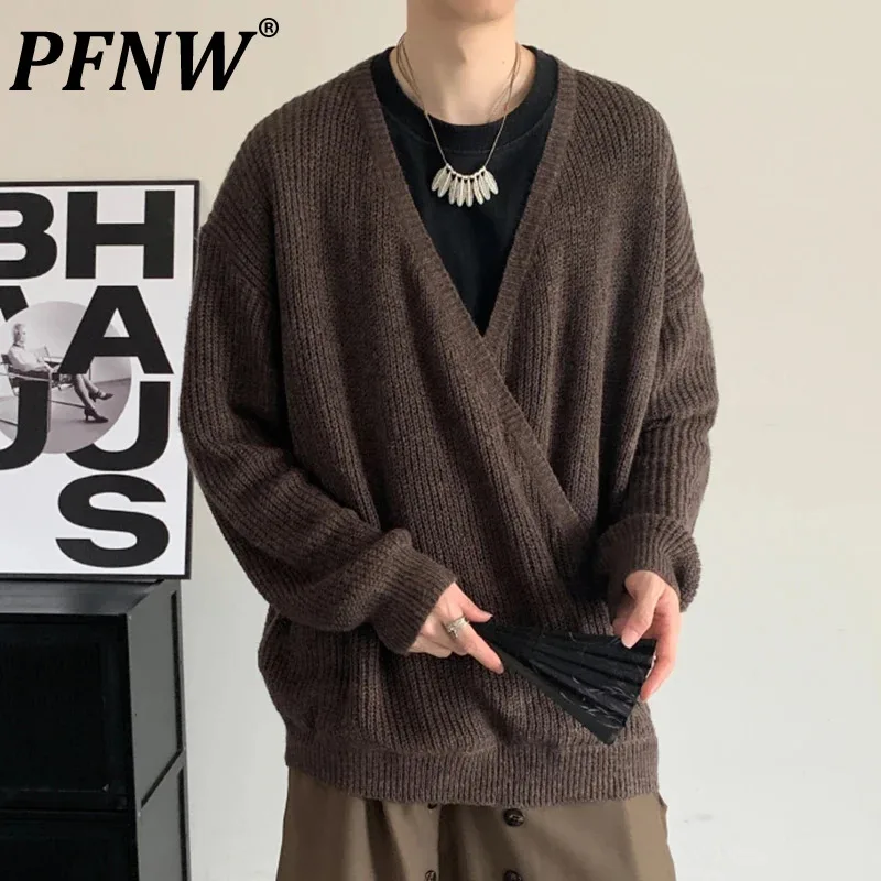 

PFNW Minimalist Men's Sweater Casual V-neck Knitting Droop Solid Color Pullover Autumn Male Loose Tops New Trendy 2024 12C899