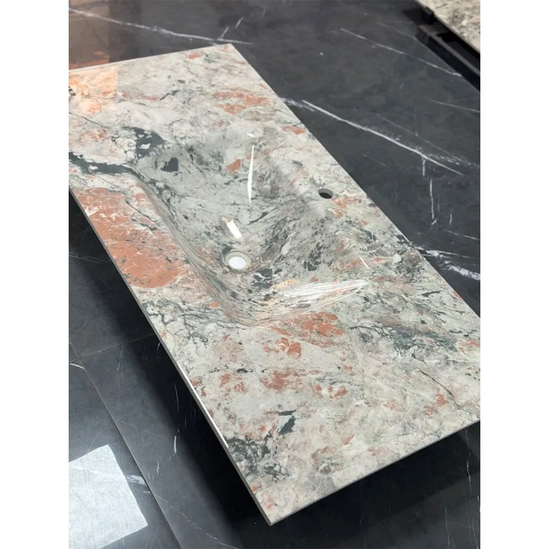 Bright luxury stone rock slab hot bending integrated seamless washbasin home improvement bathroom cabinet