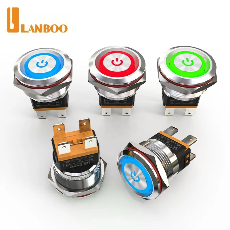 LANBOO 22mm 15A High Current Stainless Steel Push Button Switch with LED 24V 220V Momentary Latching 2NO