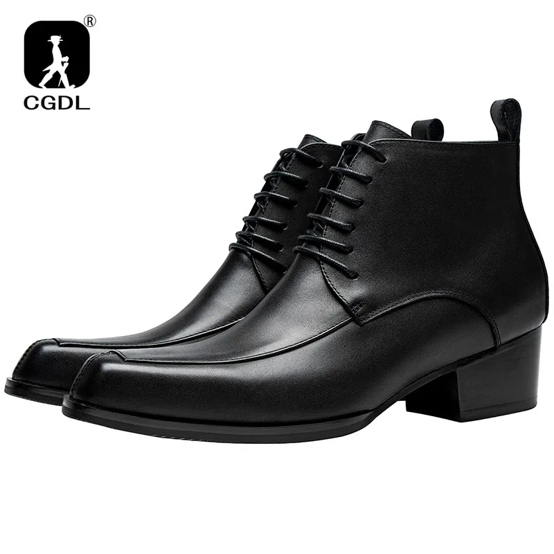 

2024 New 5CM High Heel Men's Ankle Boots Leather Short Boots Business Formal British Style Square Toe Leather Boots Winter Shoes