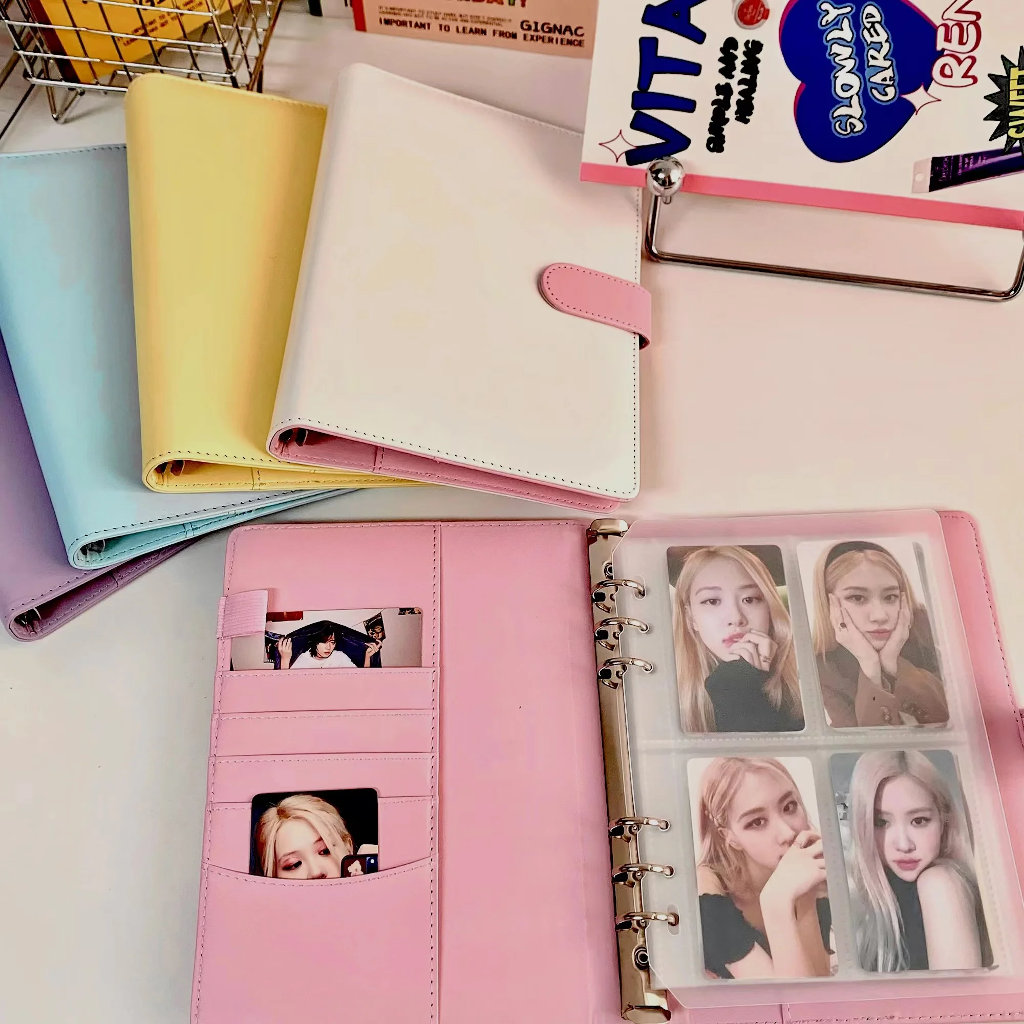 Candy Color A5 Pu Leather Binder Photocards Cover Cute Kpop Loose-leaf Collect Book Photo Cards Album Storage Book Stationery