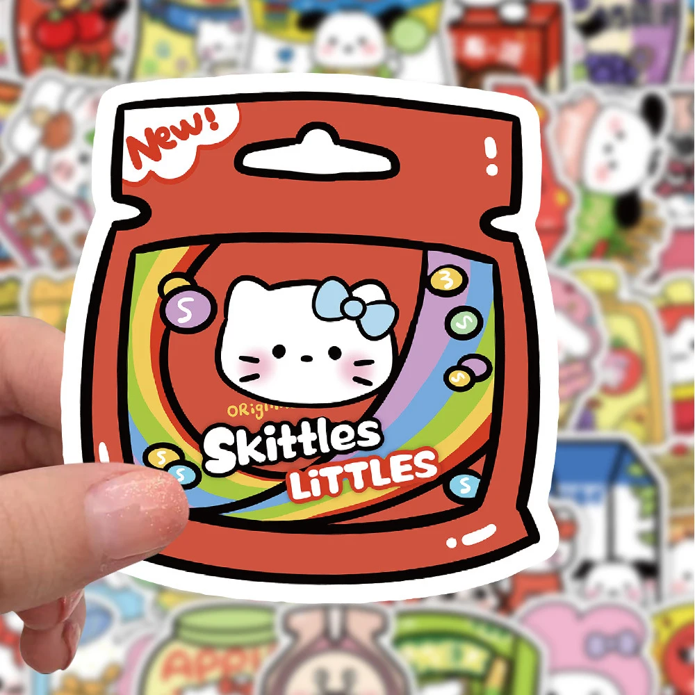 Stiker Sanrio 10/30/50 buah Kawaii kartun makanan ringan untuk mainan anak-anak DIY telepon kulkas botol air lucu Hello Kitty My Melody stiker