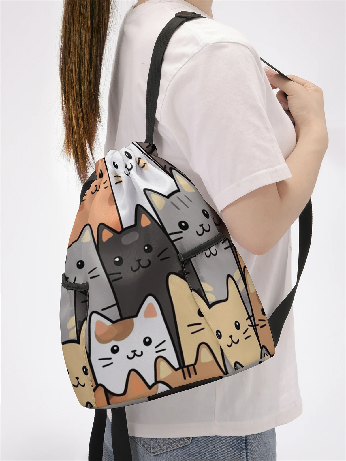 حقيبة ظهر برباط مطبوعة بنمط قطة لطيفة - حقيبة لياقة بدنية متينة ذات سعة كبيرة، حقيبة ظهر رياضية للشاطئ