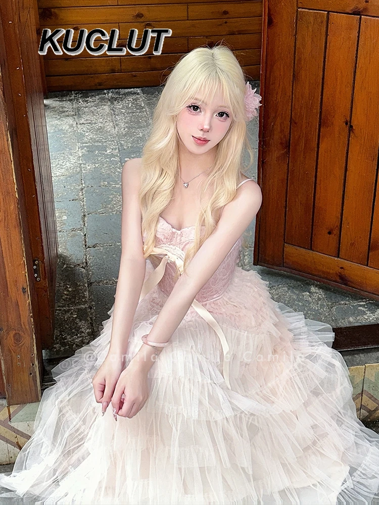 Rosa Schleife Spitze Hosenträger Damen 2-teiliges Set Sommer Polka Dot Tube Top Weste Mesh Kuchen Hohe Taille Top und Rock Anzug Femme