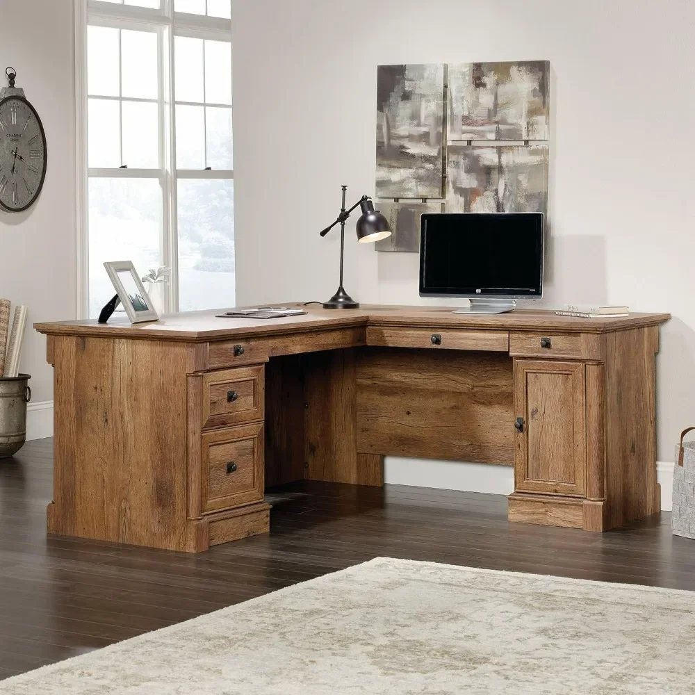 L-Shaped Desk with 5 Drawers, Computer Desk holds vertical CPU tower and has an adjustable shelf, Vintage Oak finish